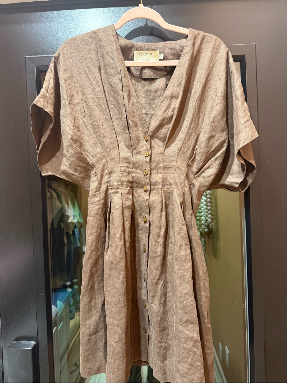 Exquise Taupe Linen Button-Front Midi Dress